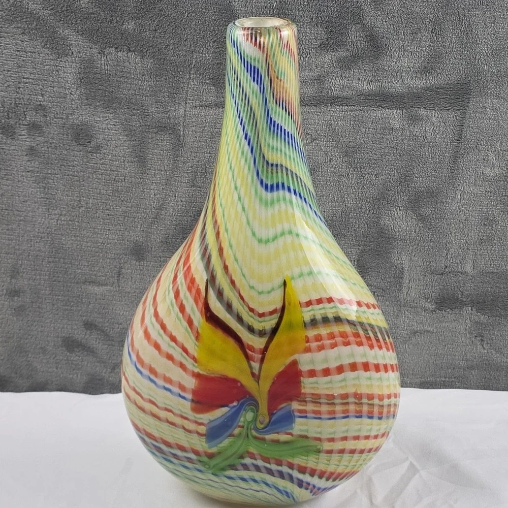 Vintage Murano Style Mid Century Vase Bright Color Lg Swirled Hand blown Glass
